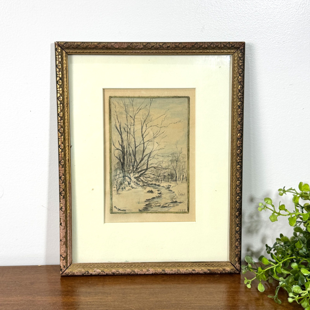 Original 1934 Signed Charcoal Landscape Drawing Vintage Framed Winter Scene